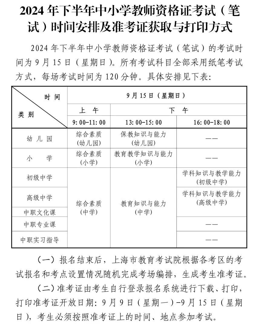 2024年下半年中小学教师资格考试（笔试）上海考区报名公告发布