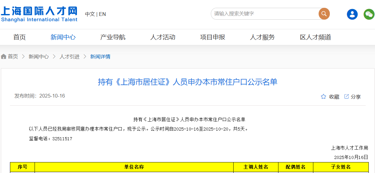2025年10月第一批上海居转户名单公示:1149人成功落户
